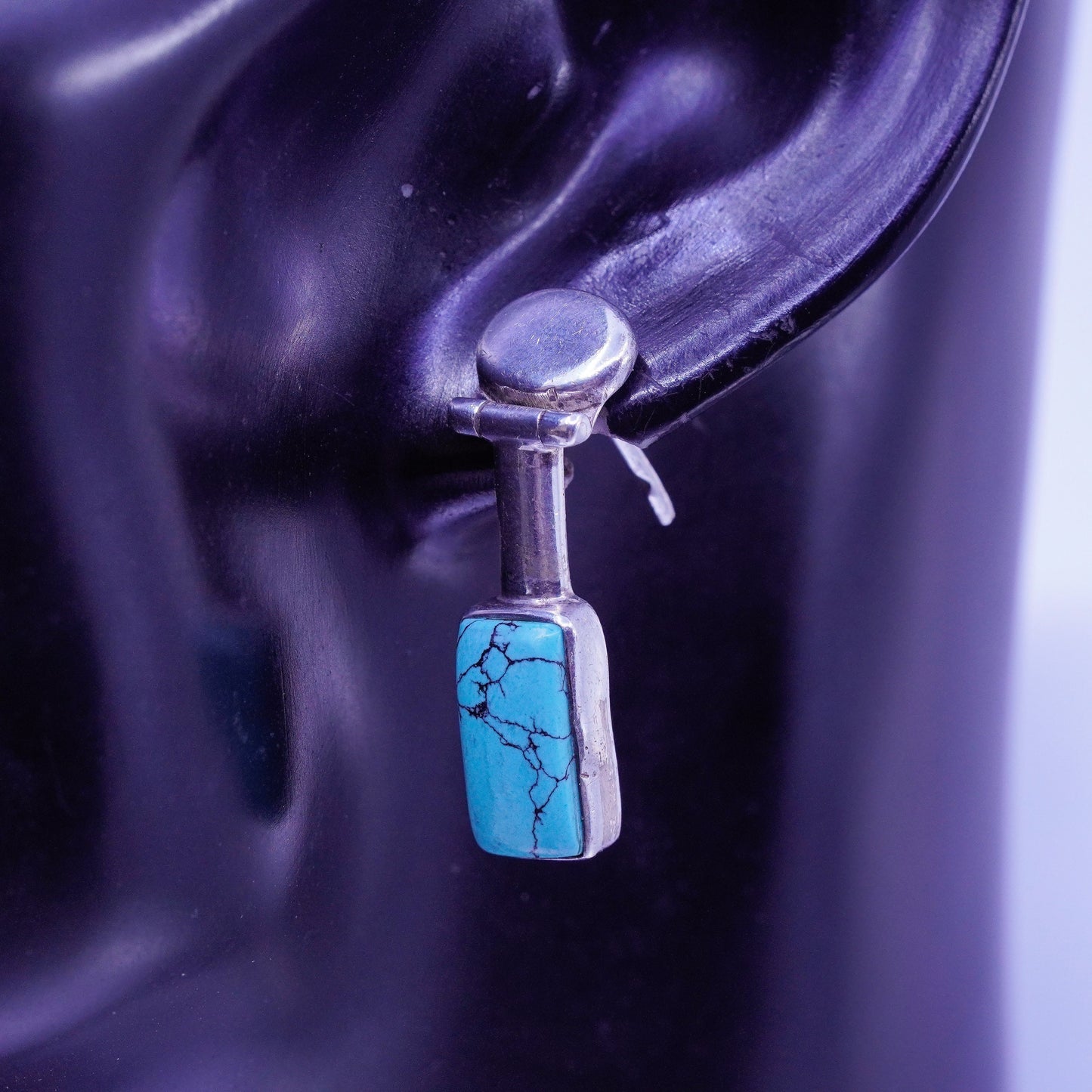 Vintage Sterling 925 silver handmade earrings with rectangular turquoise