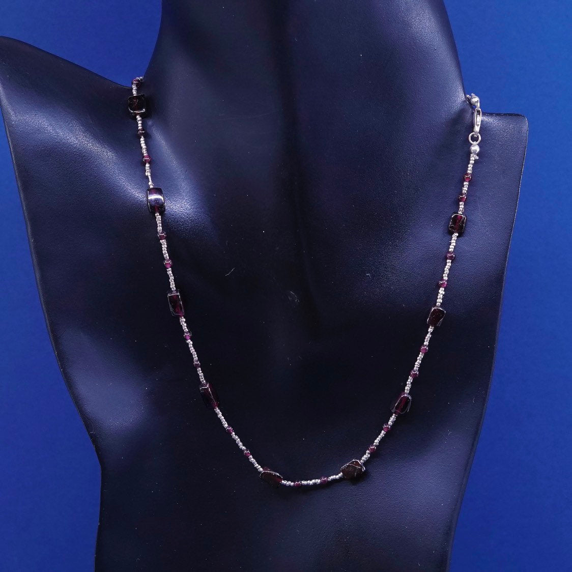 16”, vintage Sterling 925 silver handmade necklace chain with garnet bead