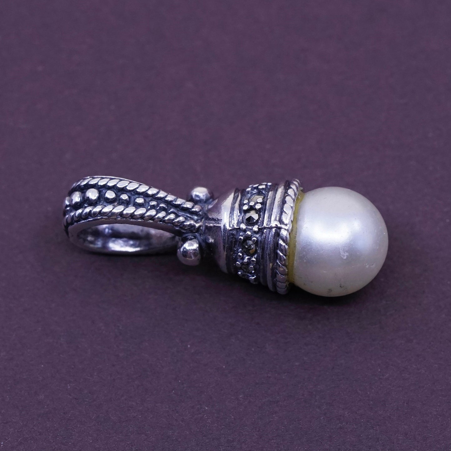 vtg Judith jack sterling 925 silver handmade pendant with marcasite and pearl