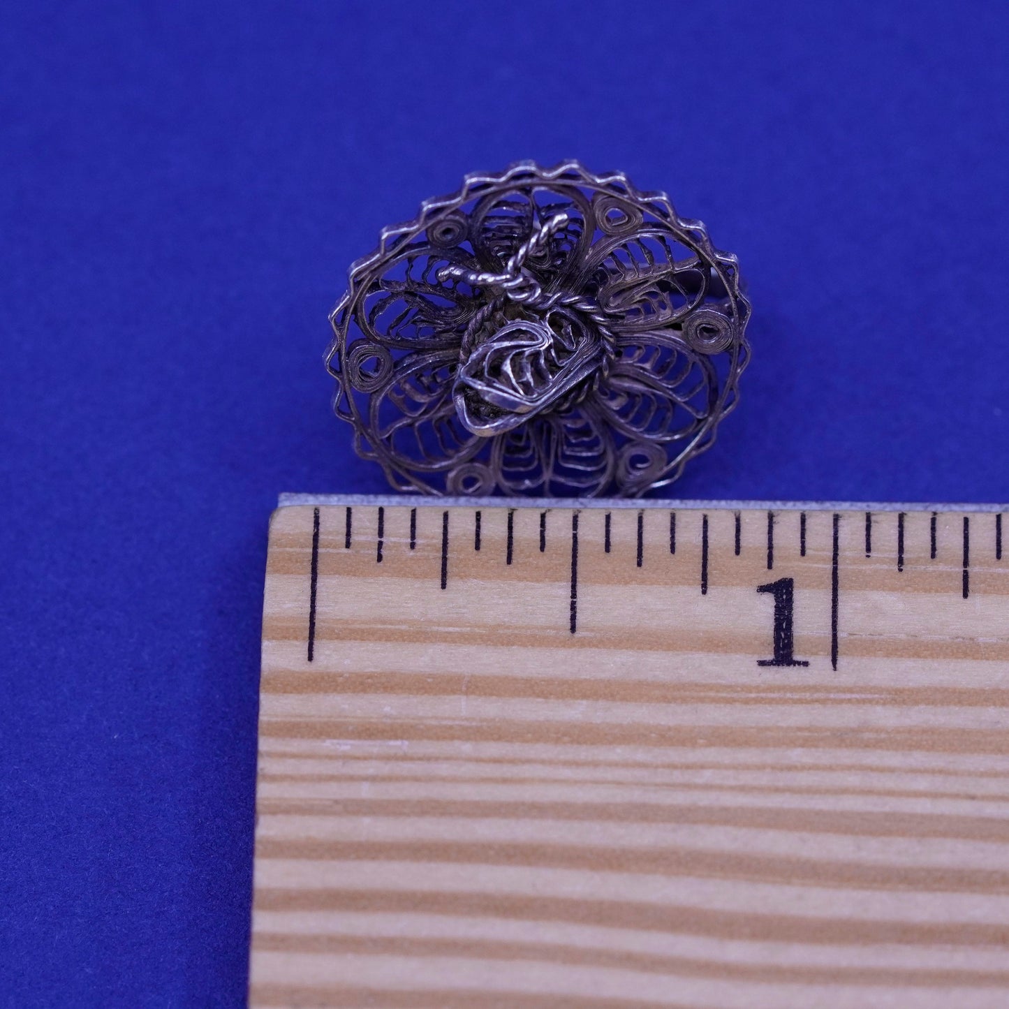 Vintage Sterling silver handmade earrings, filigree 925 sombrero hat screw back
