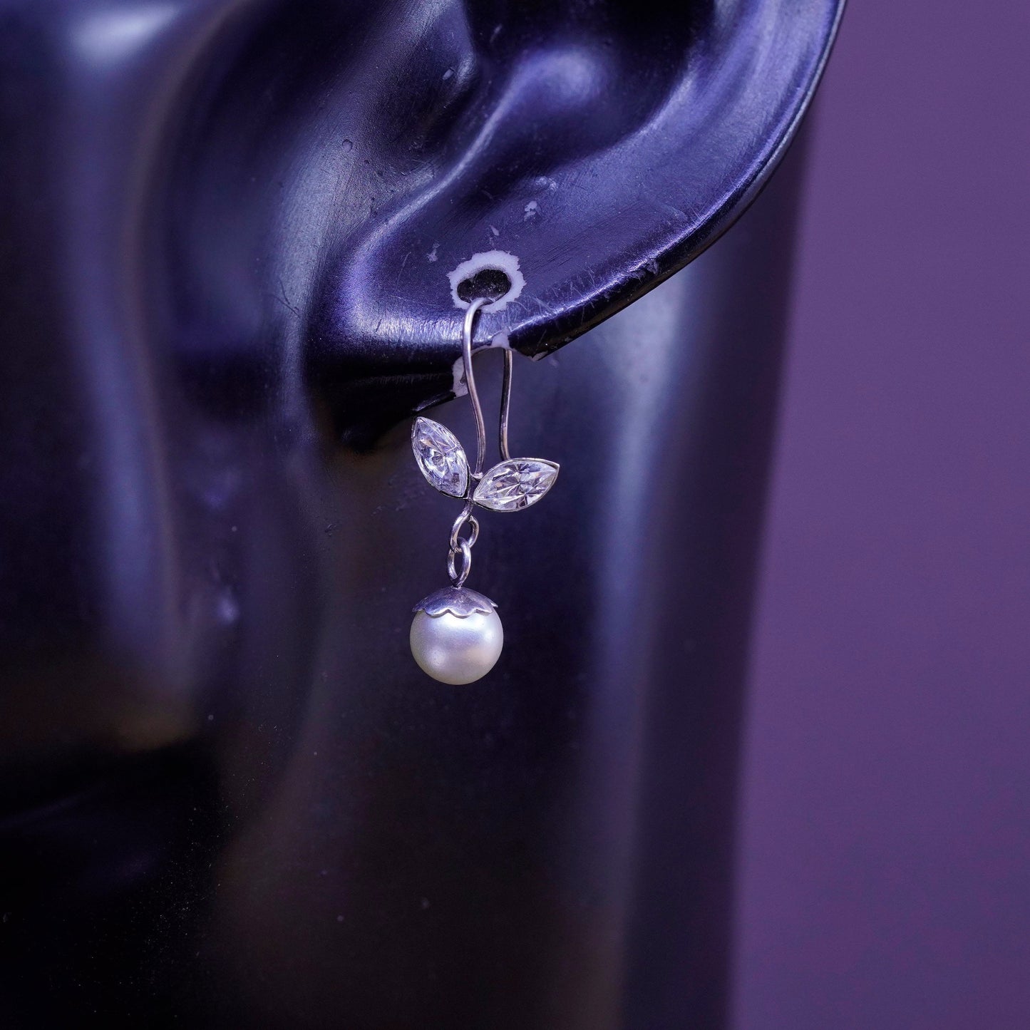 Vintage Sterling 925 silver handmade earrings with pearl and Cz, silver tested