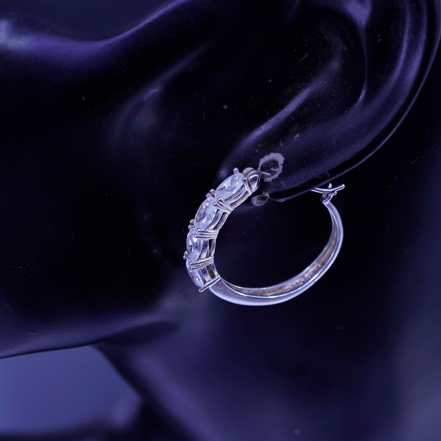 1”, vintage Sterling silver handmade earrings, 925 Huggie hoops with Cz