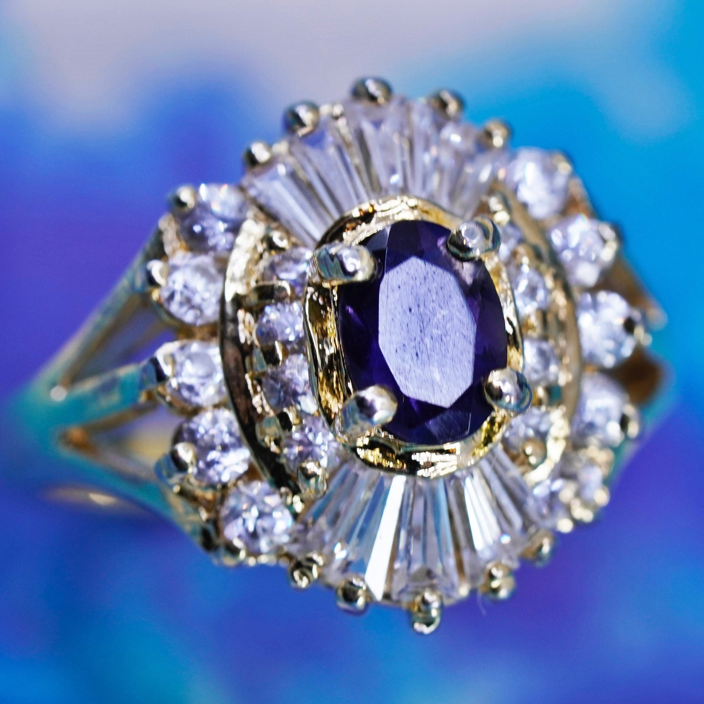 Size 8, vintage vermeil gold over sterling 925 silver ring cluster cz sapphire