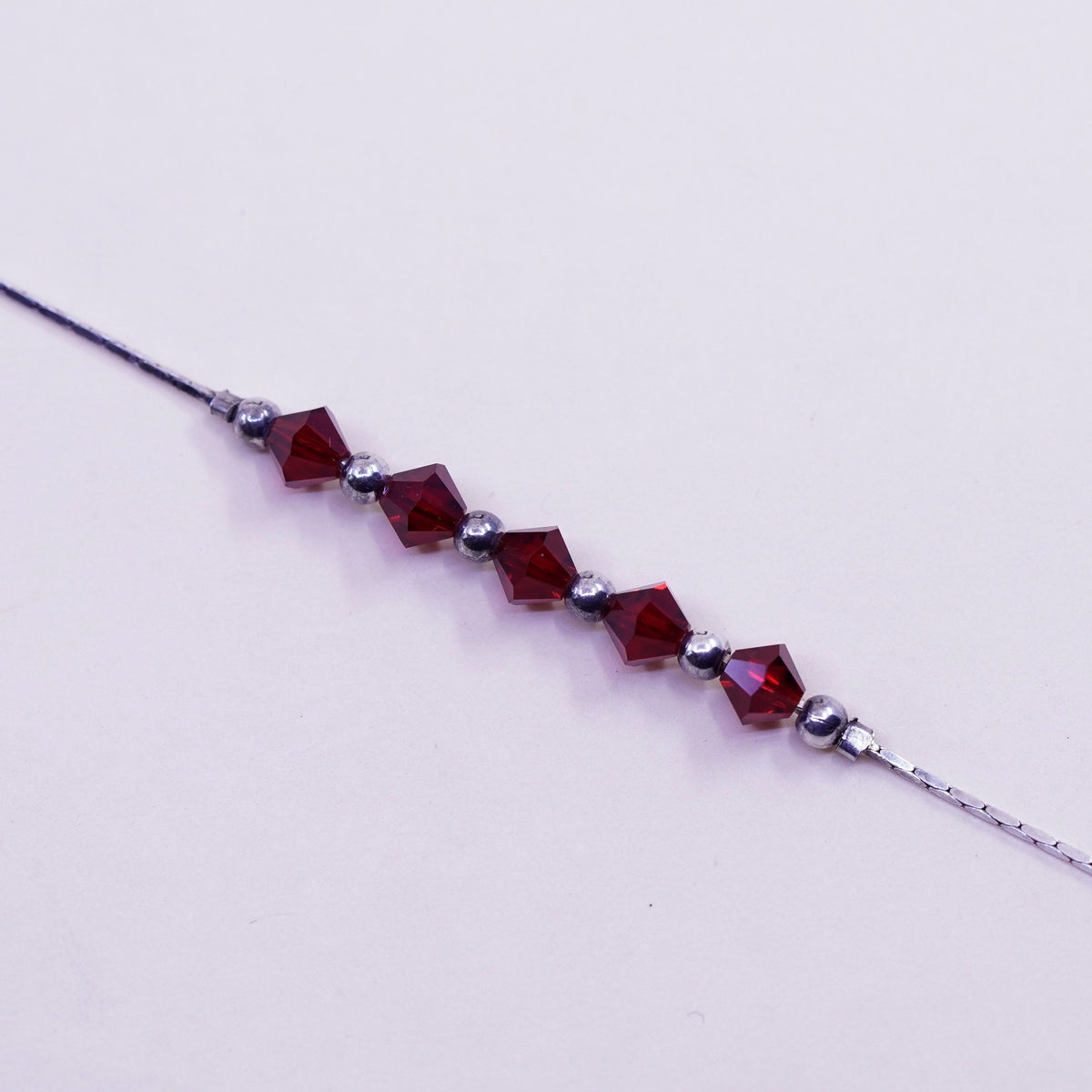 6.75”, Vintage sterling silver snake bracelet, 925 chain with ruby beads
