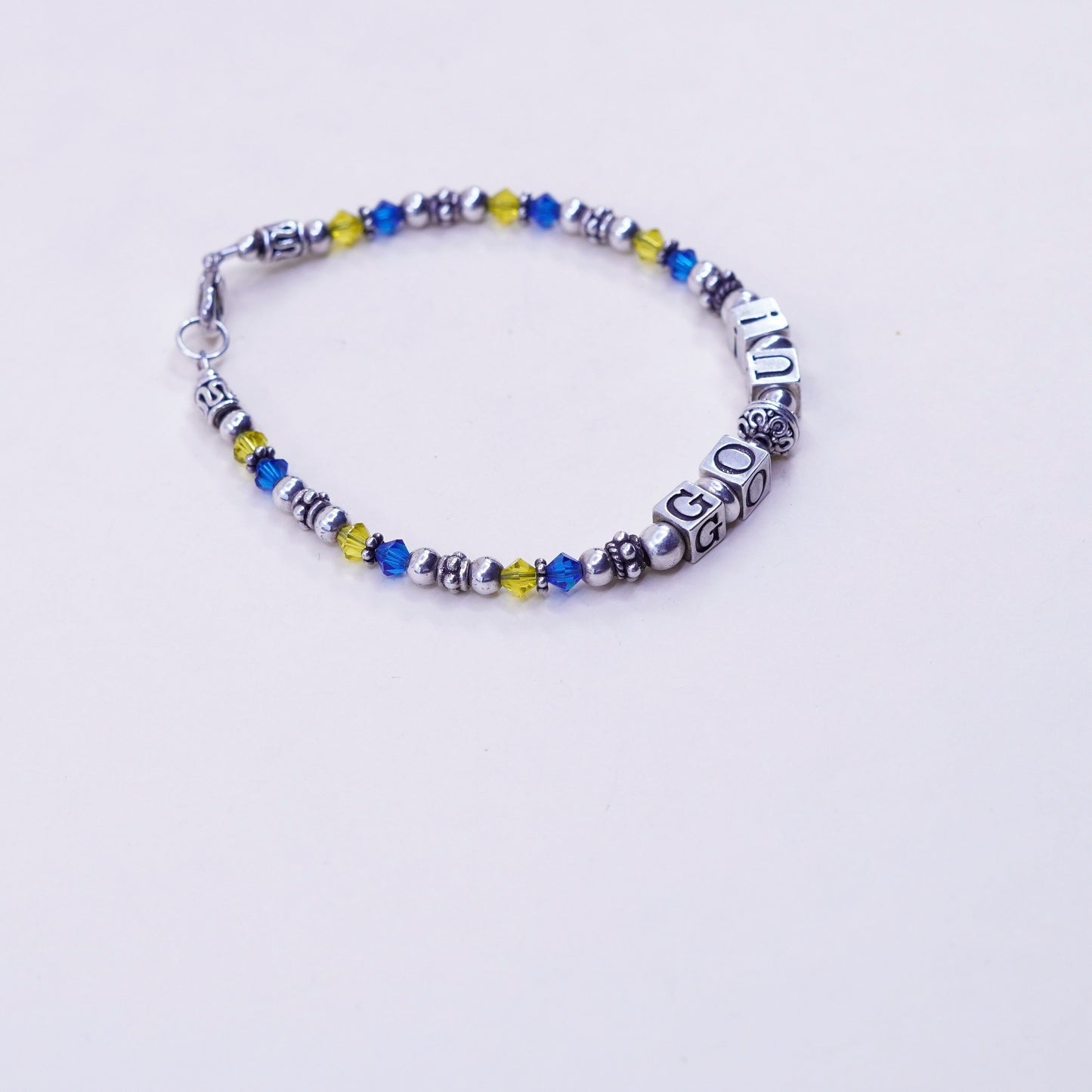 7”, handmade Sterling 925 Silver and crystal beads bracelet with “go, U!” cubes