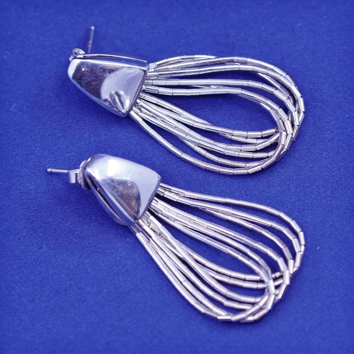 Vintage Shube sterling swirly relief earrings, 925 liquid silver fringe dangles