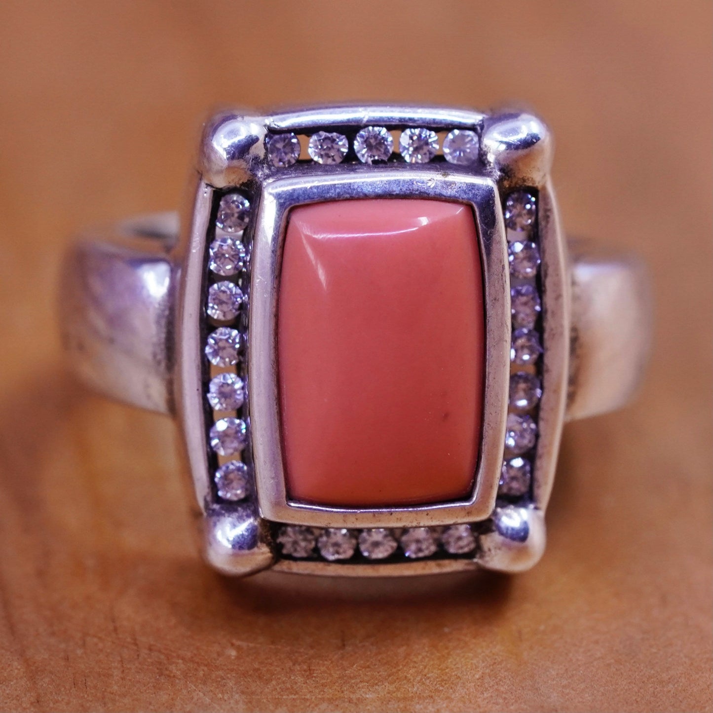 Size 8, antique Sterling silver ring with orange onyx cz, southwestern 925 band