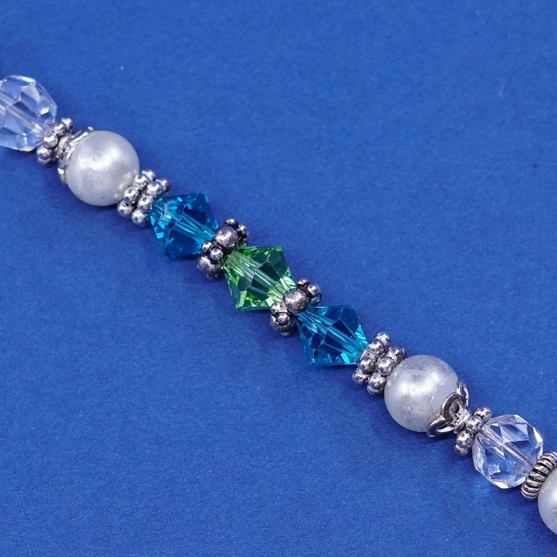 7”, vtg sterling silver handmade bracelet, 925 w/ pearl, green crystal beads