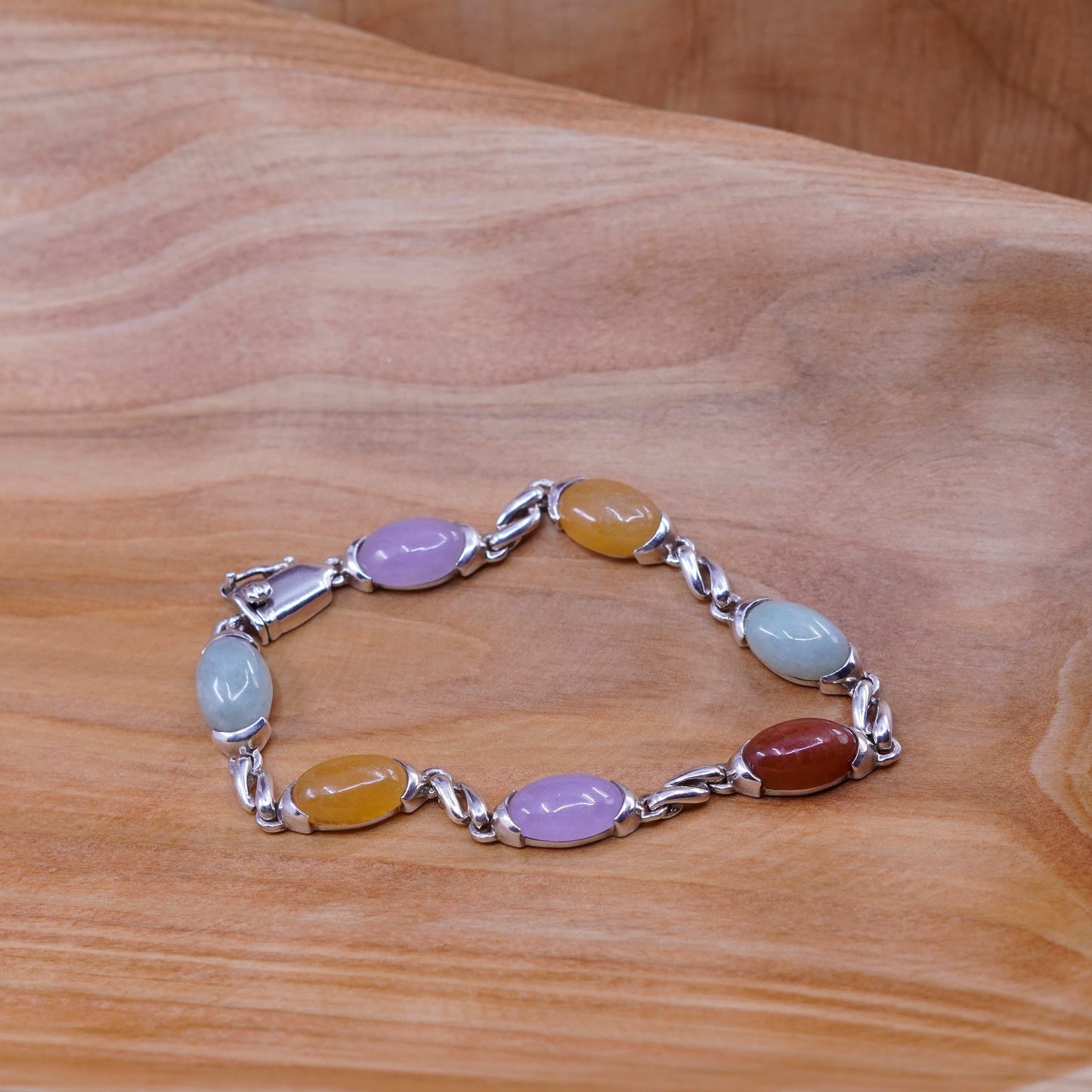 7”, vintage Sterling 925 silver handmade bracelet purple green jade carnelian