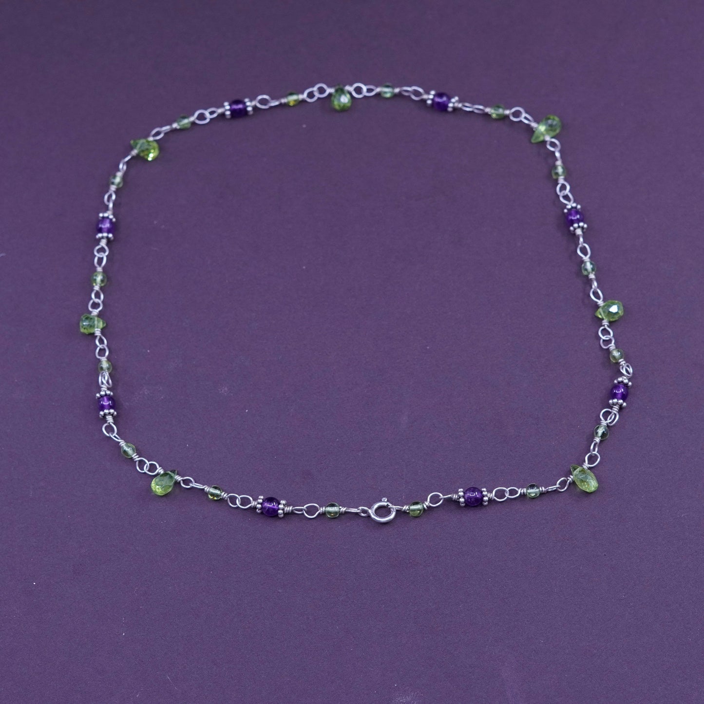 16”, Sterling silver Handmade necklace 925 circle chain peridot amethyst nugget