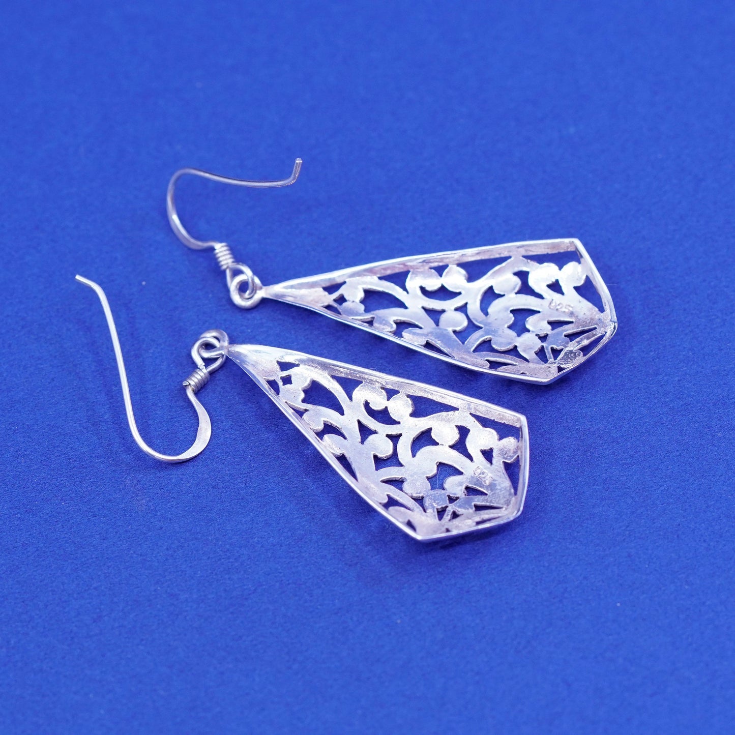 Vintage sterling silver handmade earrings, 925 filigree teardrop drop