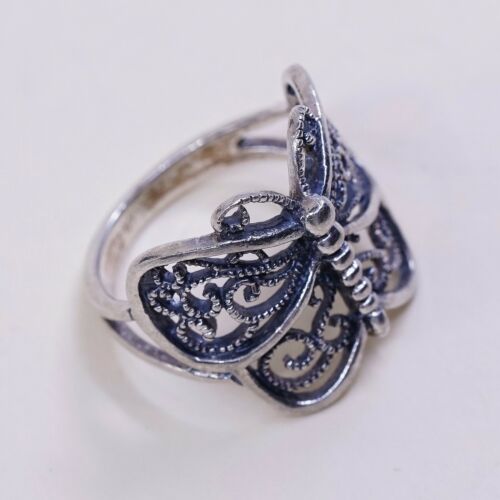 Sz 6.25 Vtg Sterling Silver Handmade Ring, 925 Silver Band W/ Filigree Butterfly