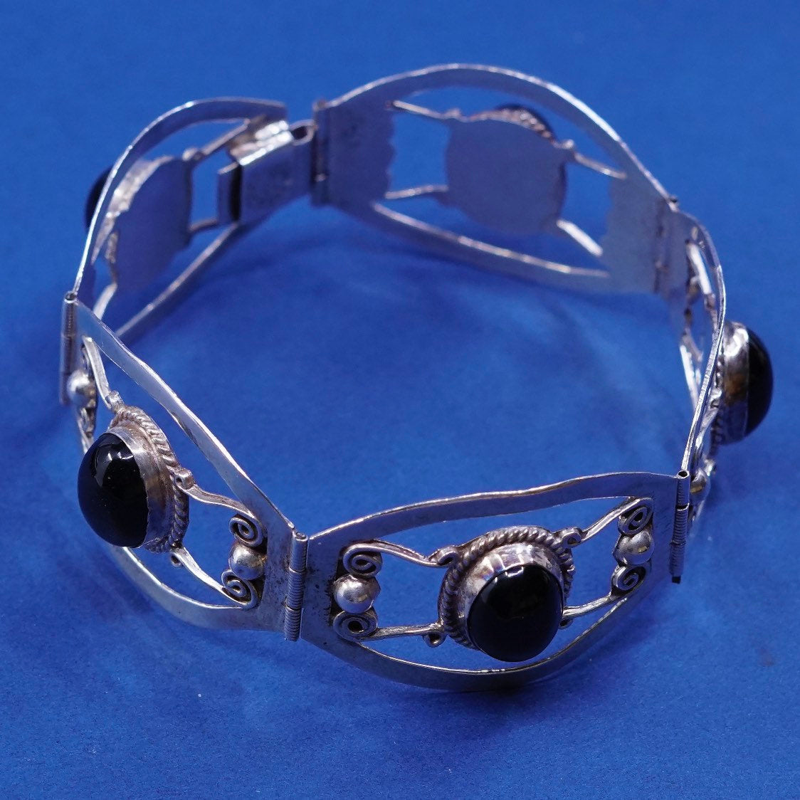 7", Sterling silver handmade bracelet, 925 filigree panels w/ obsidian beads