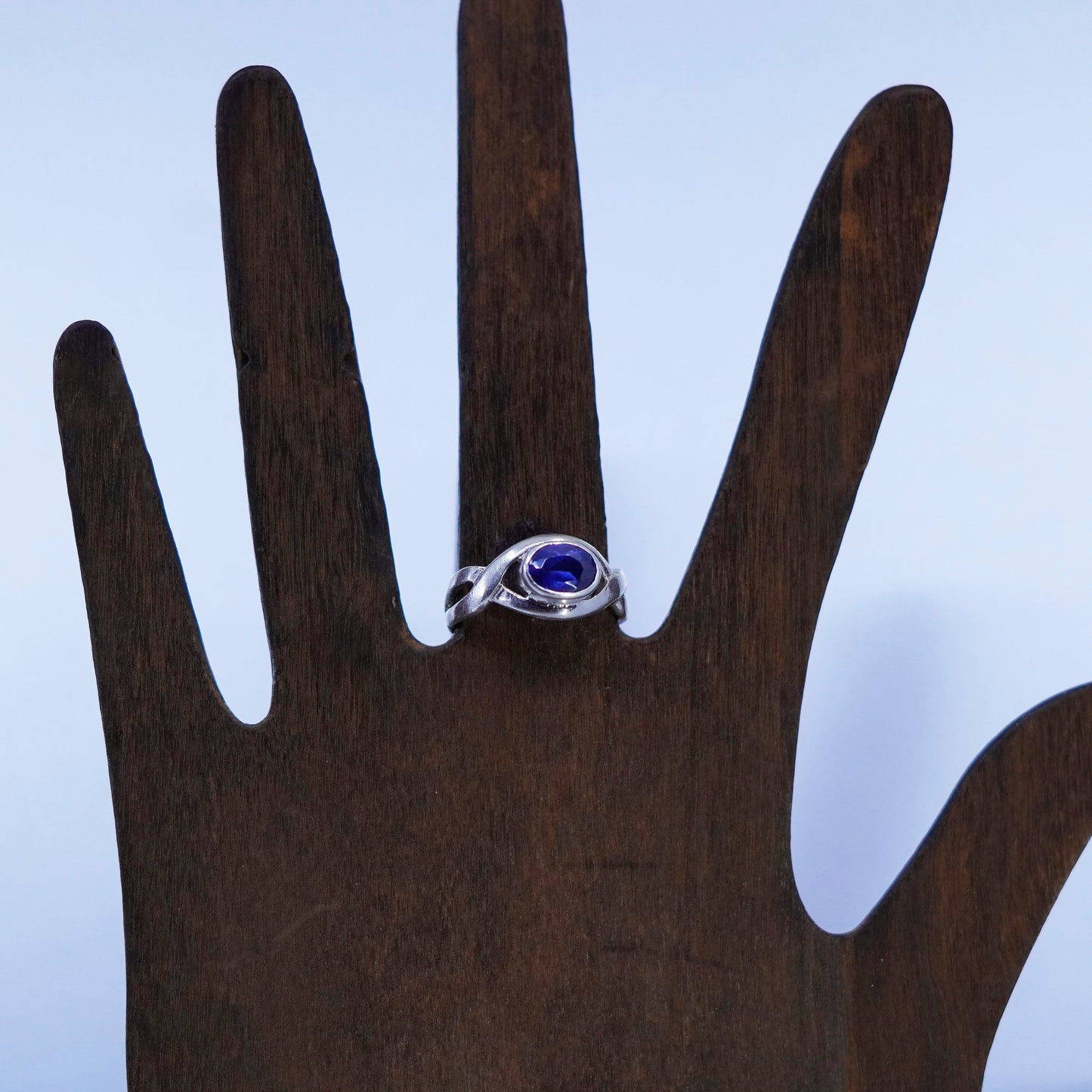 Size 7.75, vintage Sterling 925 silver handmade statement ring w/ blue crystal