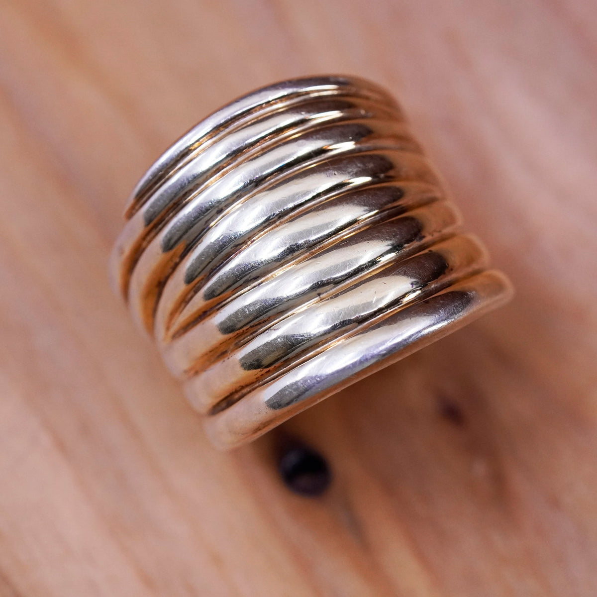 Size 7, Italy vermeil gold over Sterling silver handmade ring, 925 ribbed band