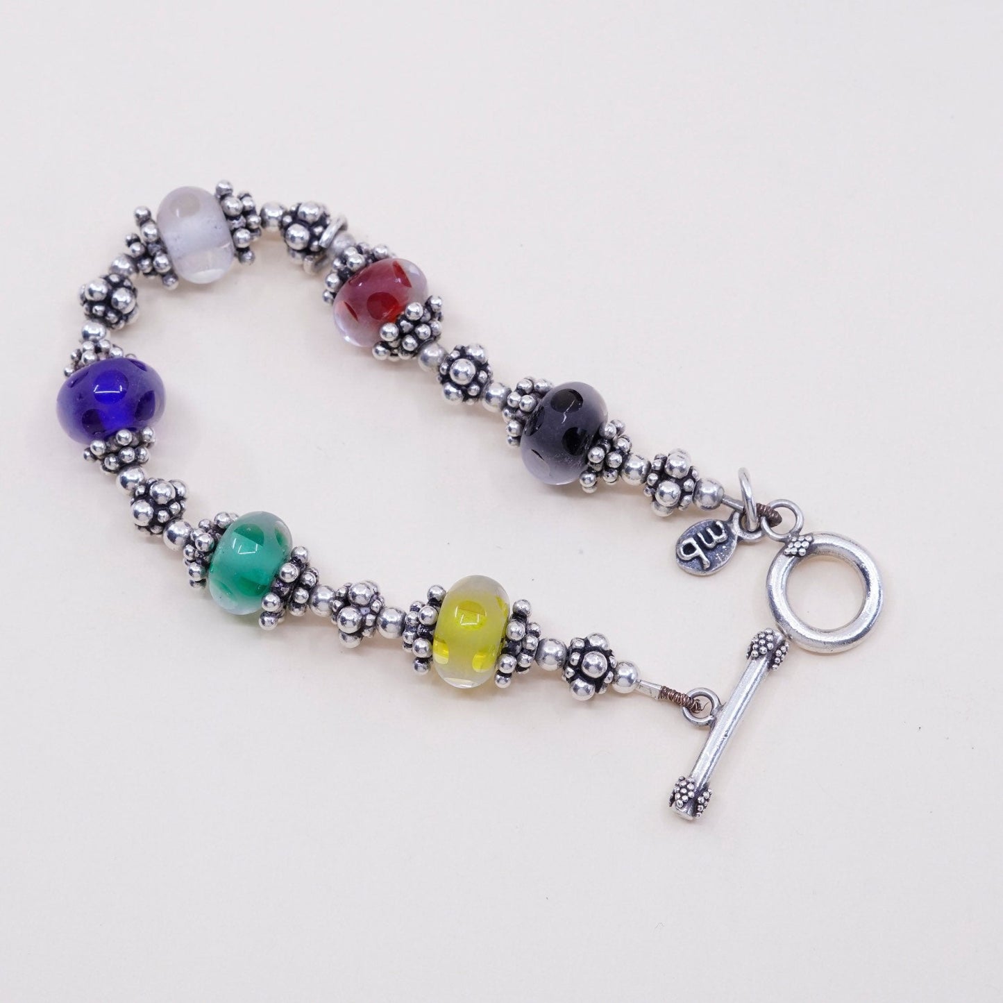 7”, vtg MB Sterling 925 Silver Lampwork Art Glass Bead Toggle Bracelet B0871
