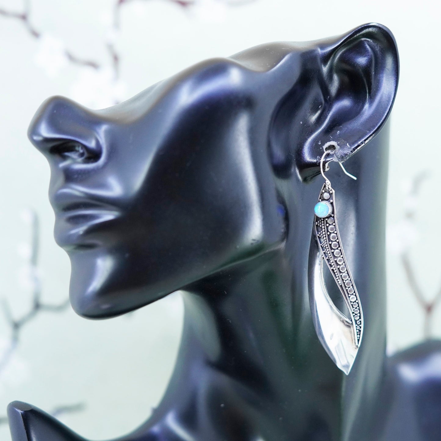 Vintage southwestern sterling 925 silver handmade leafy beaded earrings opal