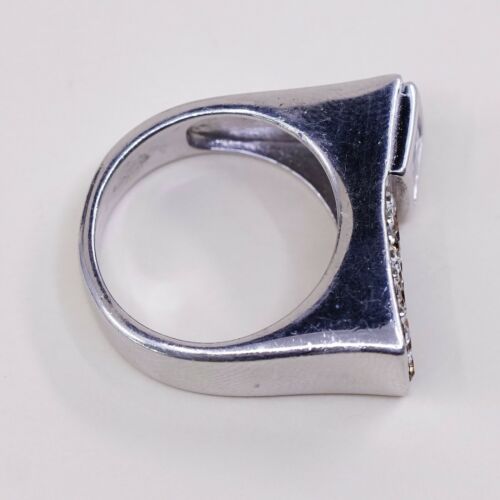 Sz 7, Vtg Sterling Silver Handmade Ring, 925 Silver Statement Band W/ Cluster Cz