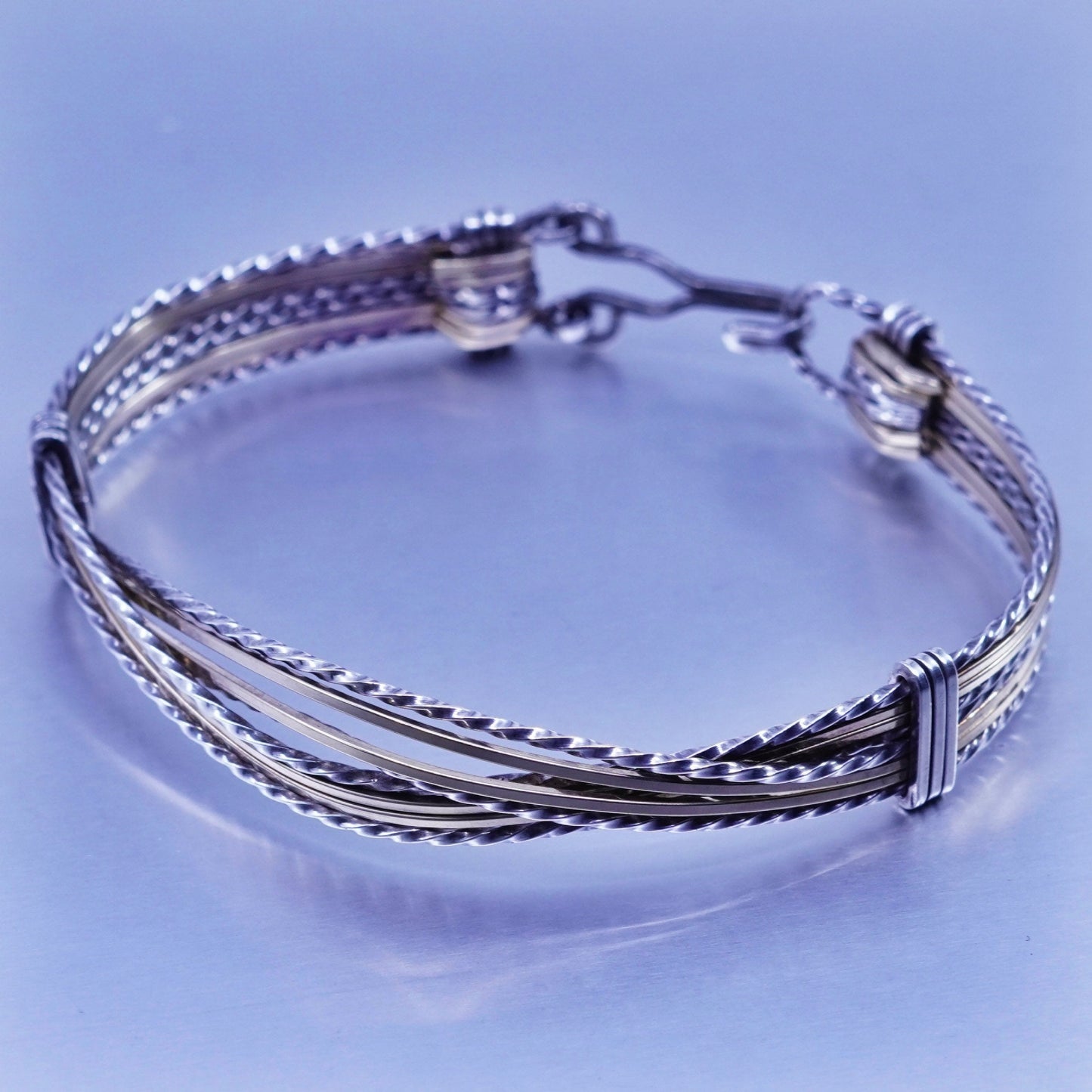 7.75”, Two tone Sterling 925 silver bracelet, braided hinged bangle brass