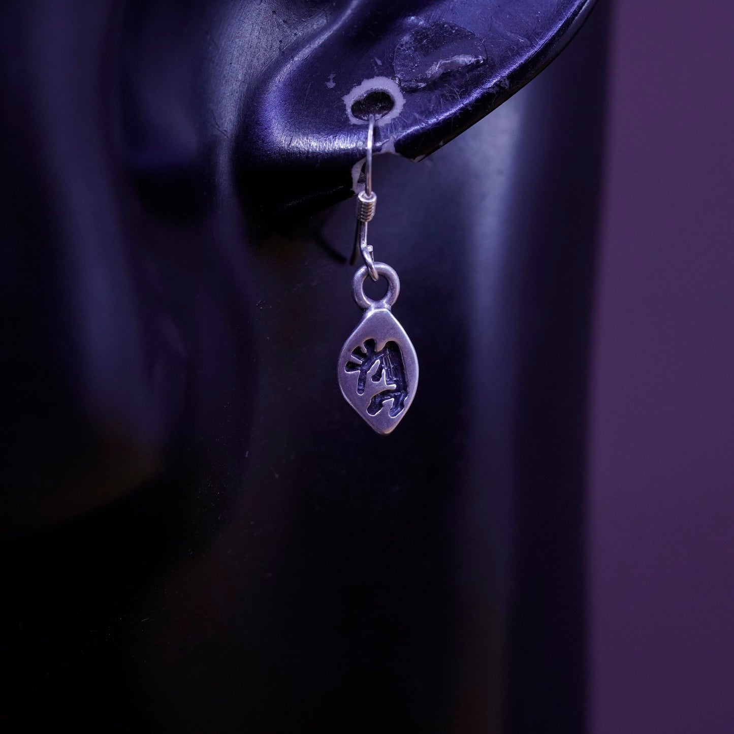 Vintage Native American Sterling silver handmade earrings, 925 Kokopelli drops