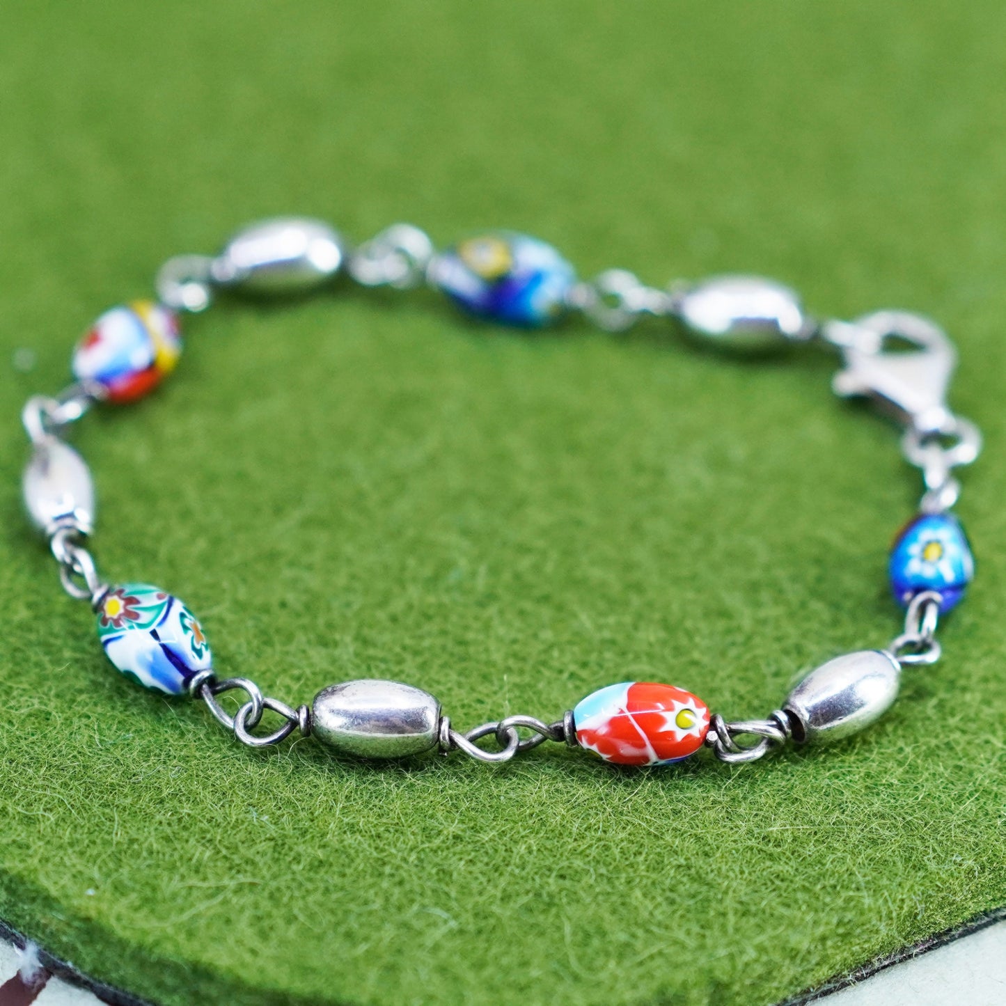 6.75”, Italy 925 Sterling 925 silver bracelet with artisan Murano glass beads
