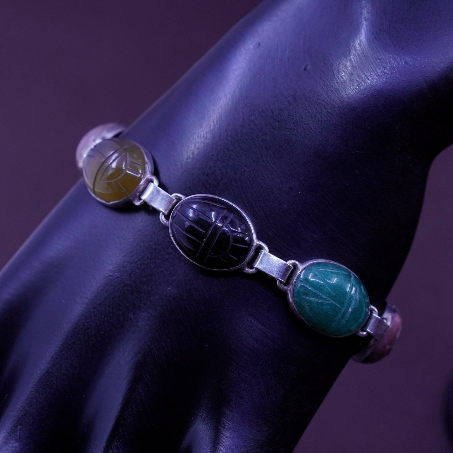 7”, sterling 925 silver handmade carved bracelet jasper obsidian jade quartz