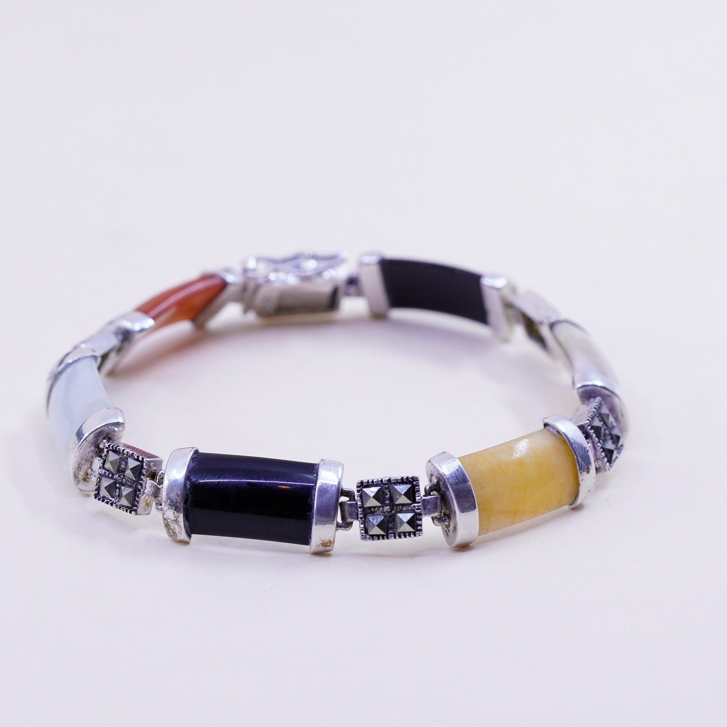 7.25”, sterling 925 silver bracelet jade, carnelian, obsidian bar marcasite