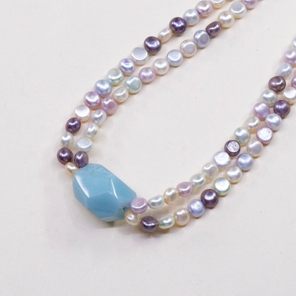 16”+1”, vtg Sterling 925 silver chain with pearl beads N nugget Larimar pendant