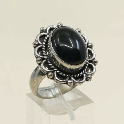 Sz 9.5, Vtg Sterling Silver Handmade Ring, 925 Silver Band W/ Oval obsidian