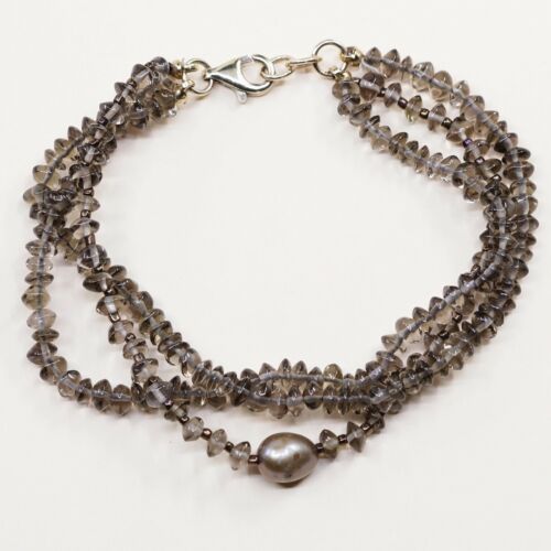 6.75”, Vtg Sterling Silver Handmade Bracelet, 925 Clasp W/ Topaz N Pearl Beads