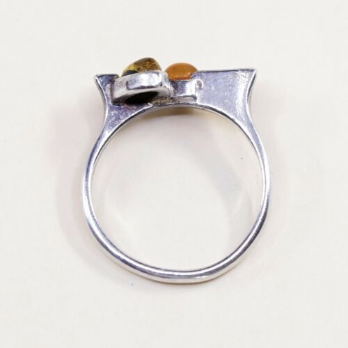 Sz 7.25, Orangle Amber Cabochon Sterling Silver Solitaire Ring, Stamped 925