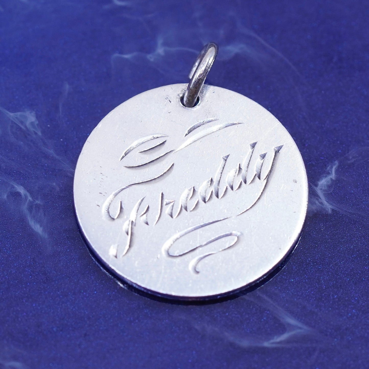 forstner sterling silver handmade pendant, 925 circle charm embossed “freddy