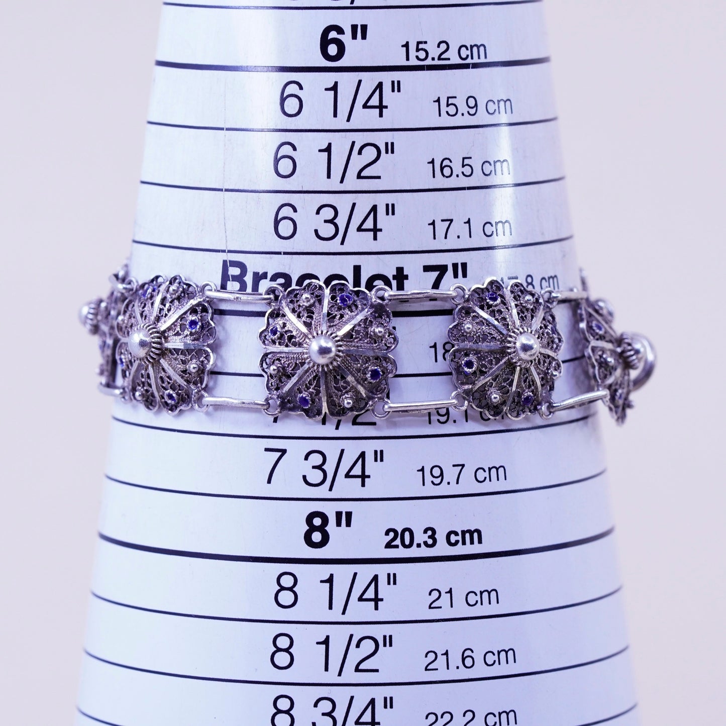 7.25”, vintage sterling silver handmade bracelet, filigree floral link chain