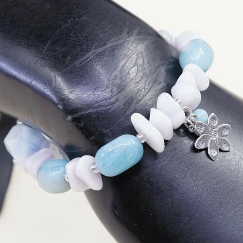 7”, Vtg Handmade Nugget Larimar, Quartz Bracelet W/ Elastic Band N 925 Flower