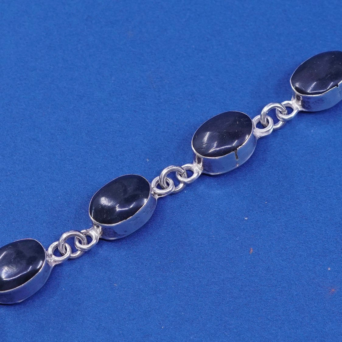 7", vtg Sterling silver handmade tennis bracelet, mexico 925 w/ obsidian