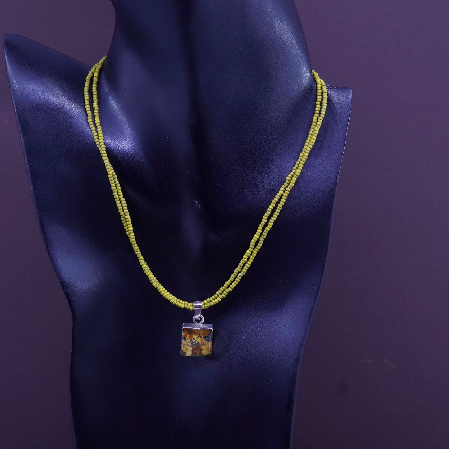 15”, sterling silver handmade necklace, 925 heishi chain resin flower pendant
