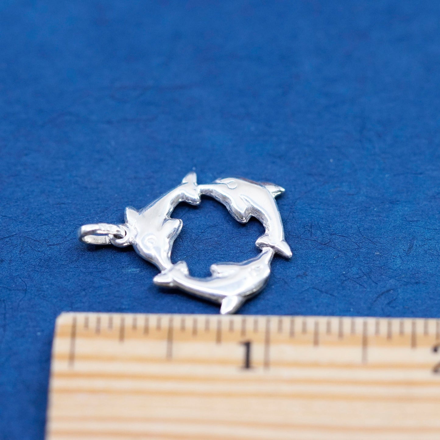 Vintage Sterling silver handmade circle Dolphin pendant, 925 charm
