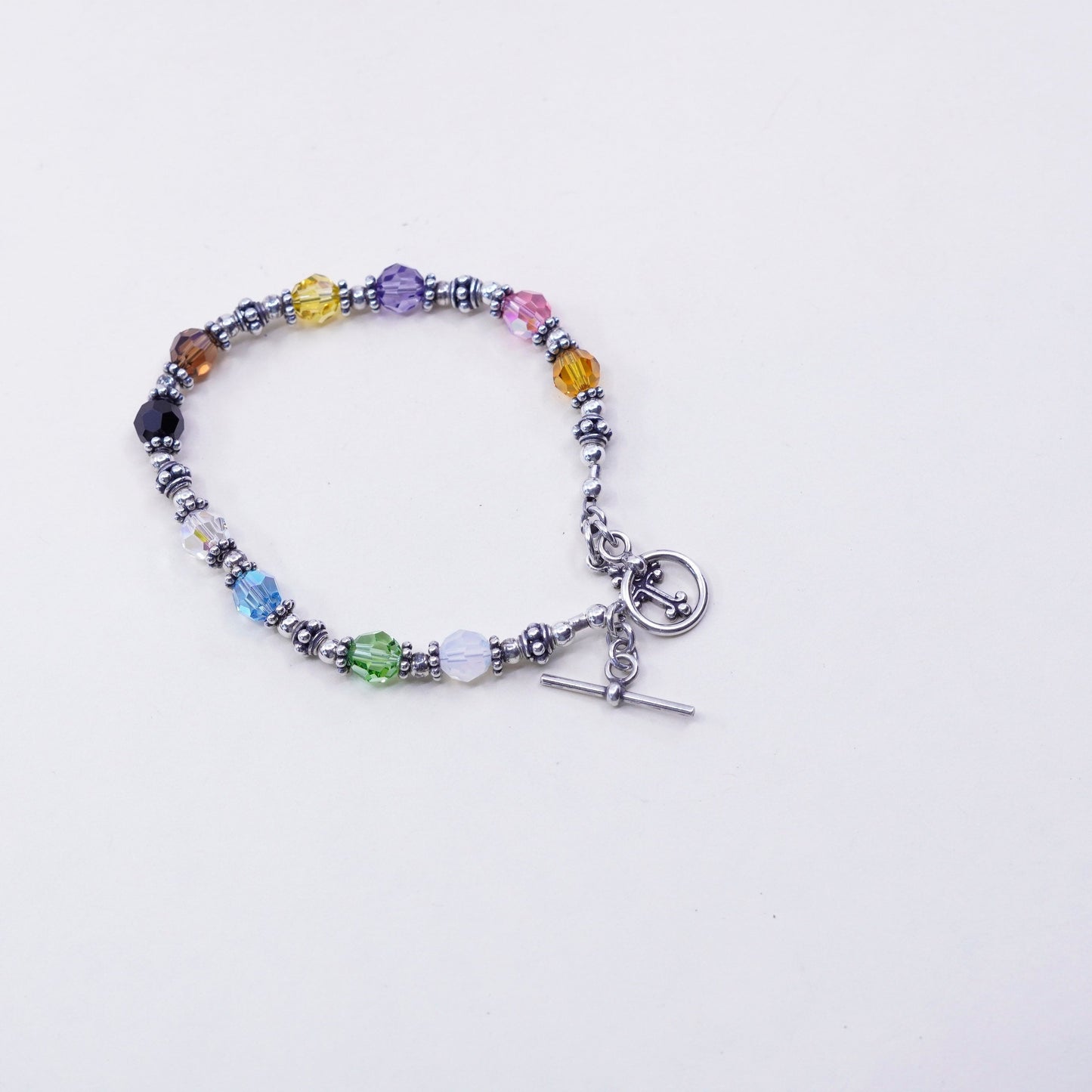 6.5”, Sterling silver handmade bracelet, 925 beads and Crystal and cross charm