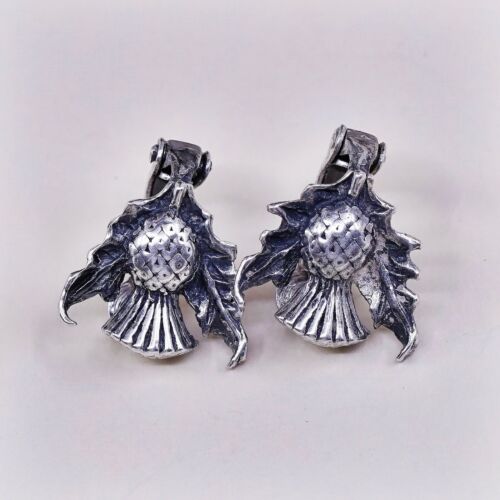 Vintage Sterling Silver Handmade Clip On, Scottish thistl 925 Dandelion Earrings