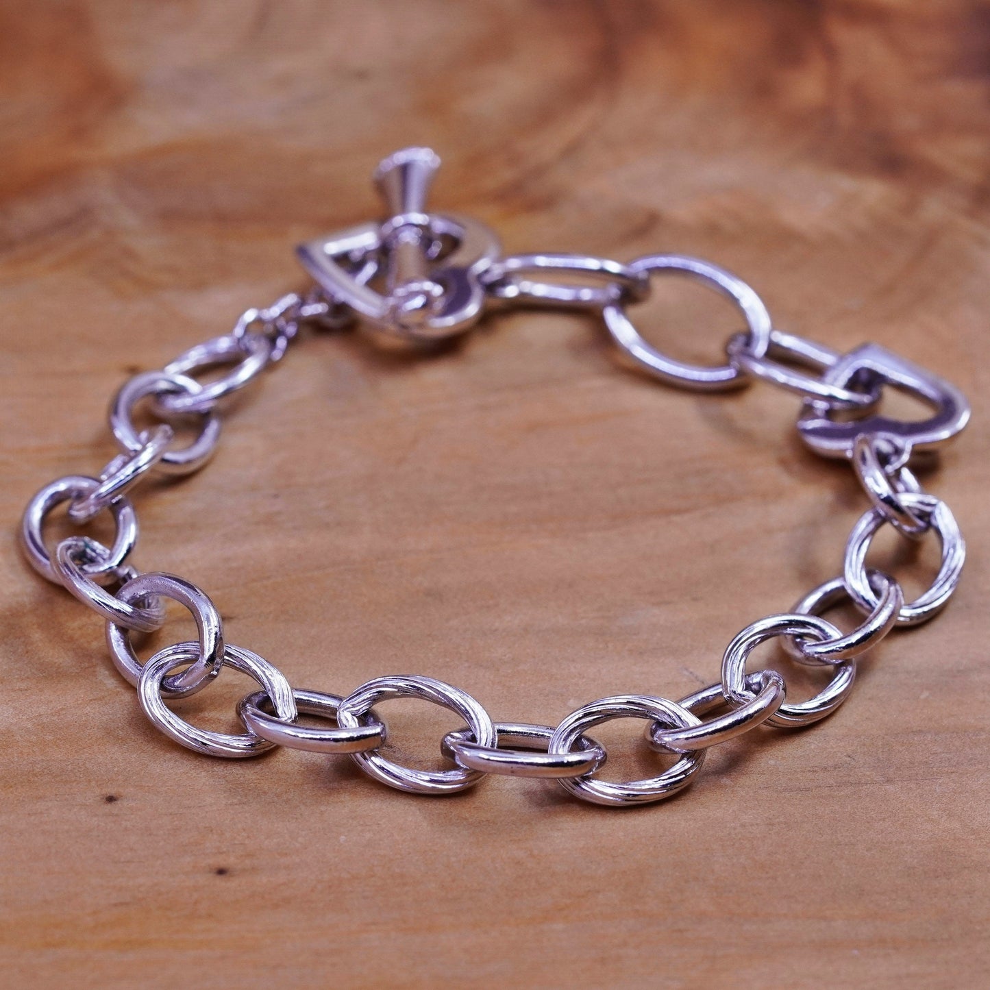 7.25”, Sterling silver charm bracelet, 925 bold circle chain heart tag charm