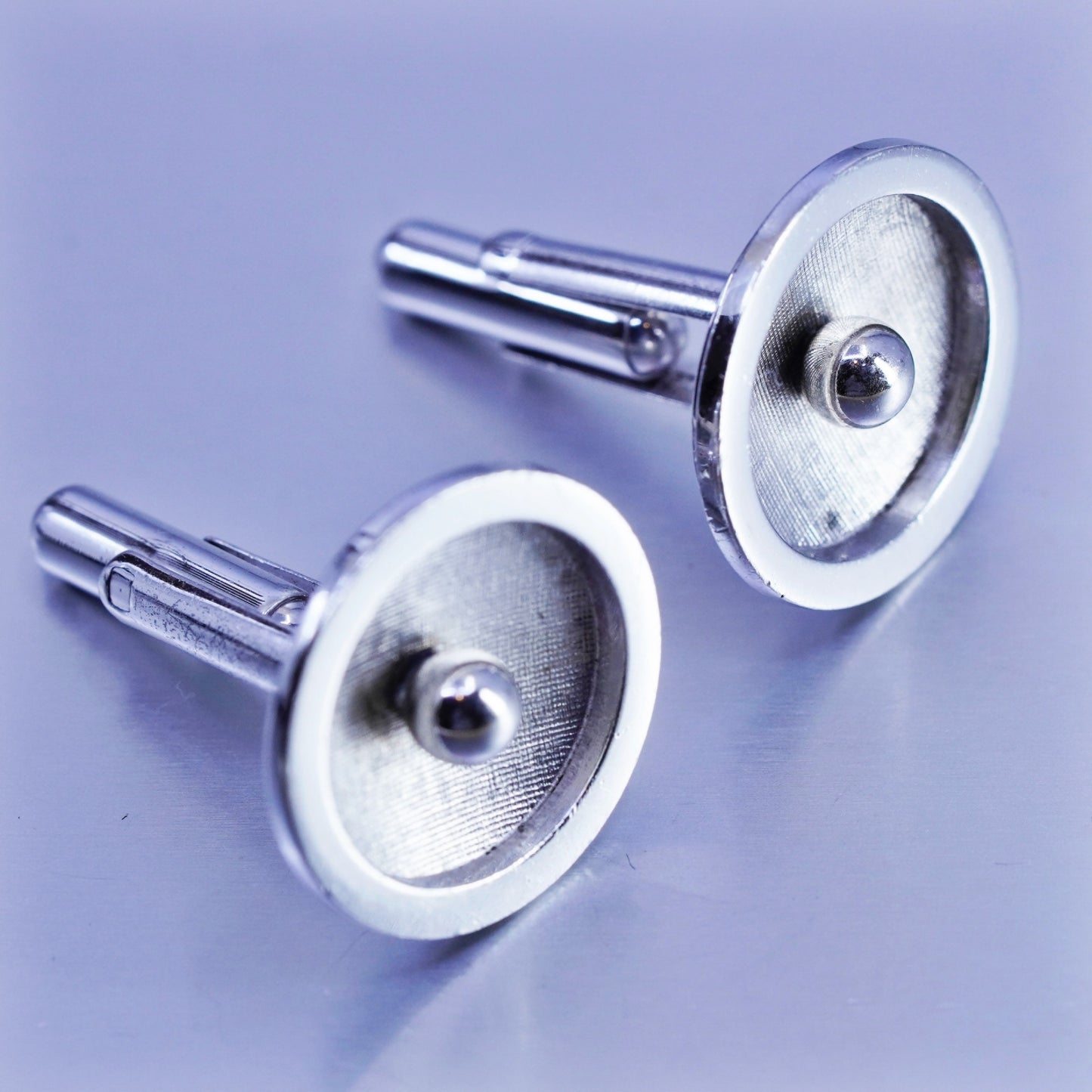 Vintage 1950s sterling silver cuff link, 925 textured round cufflink with pearl