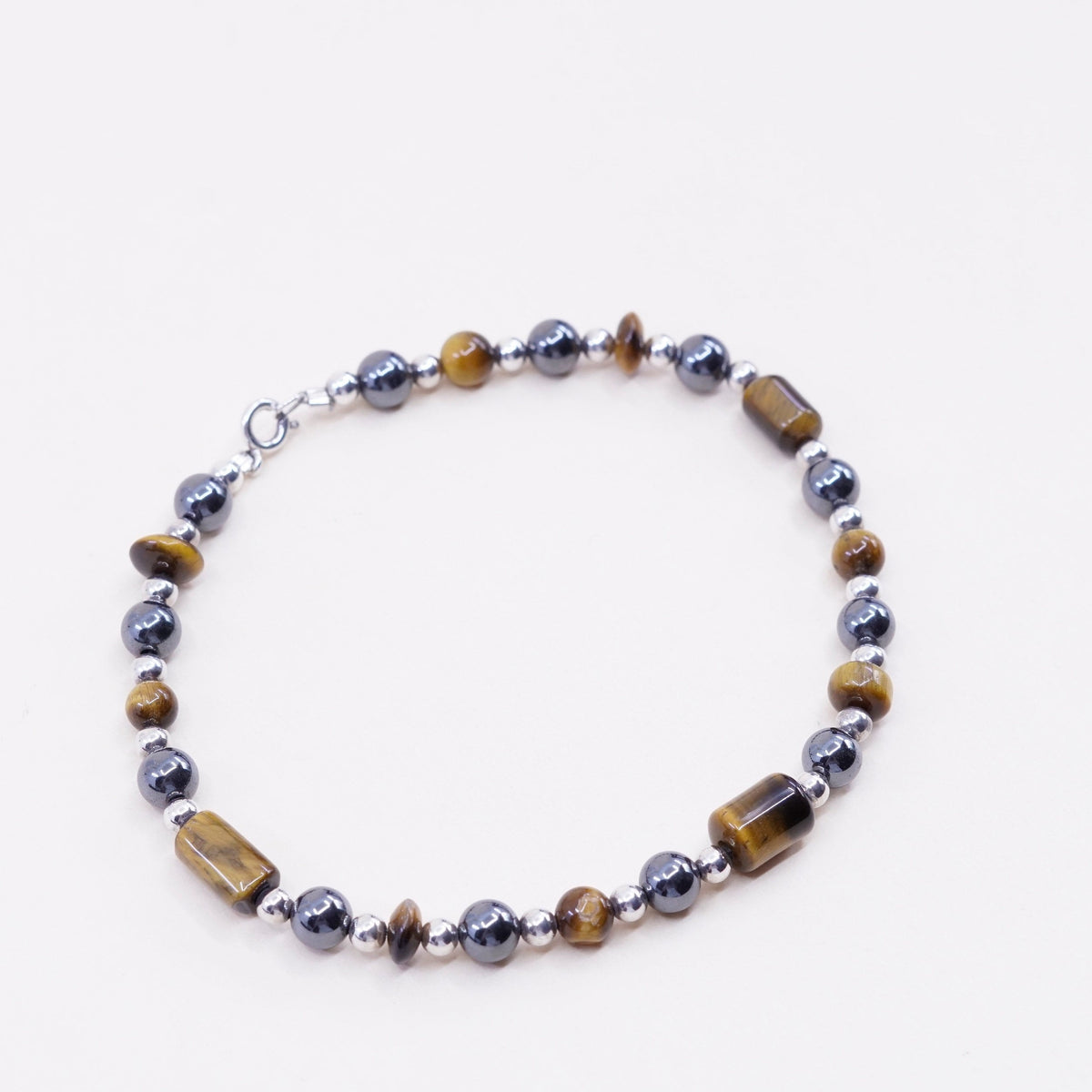 9”, vtg handmade bracelet, black hematite, golden tiger eye sterling 925 silver