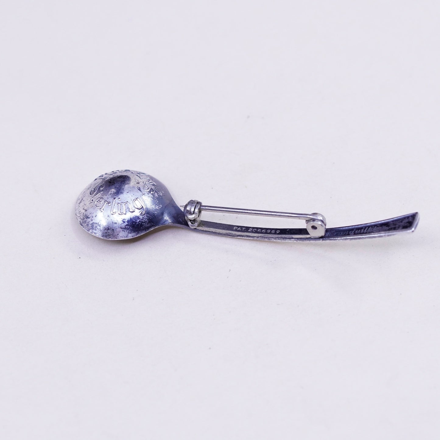 Vintage sterling silver handmade brooch, 925 spoon pin, stamped Sterling fine art
