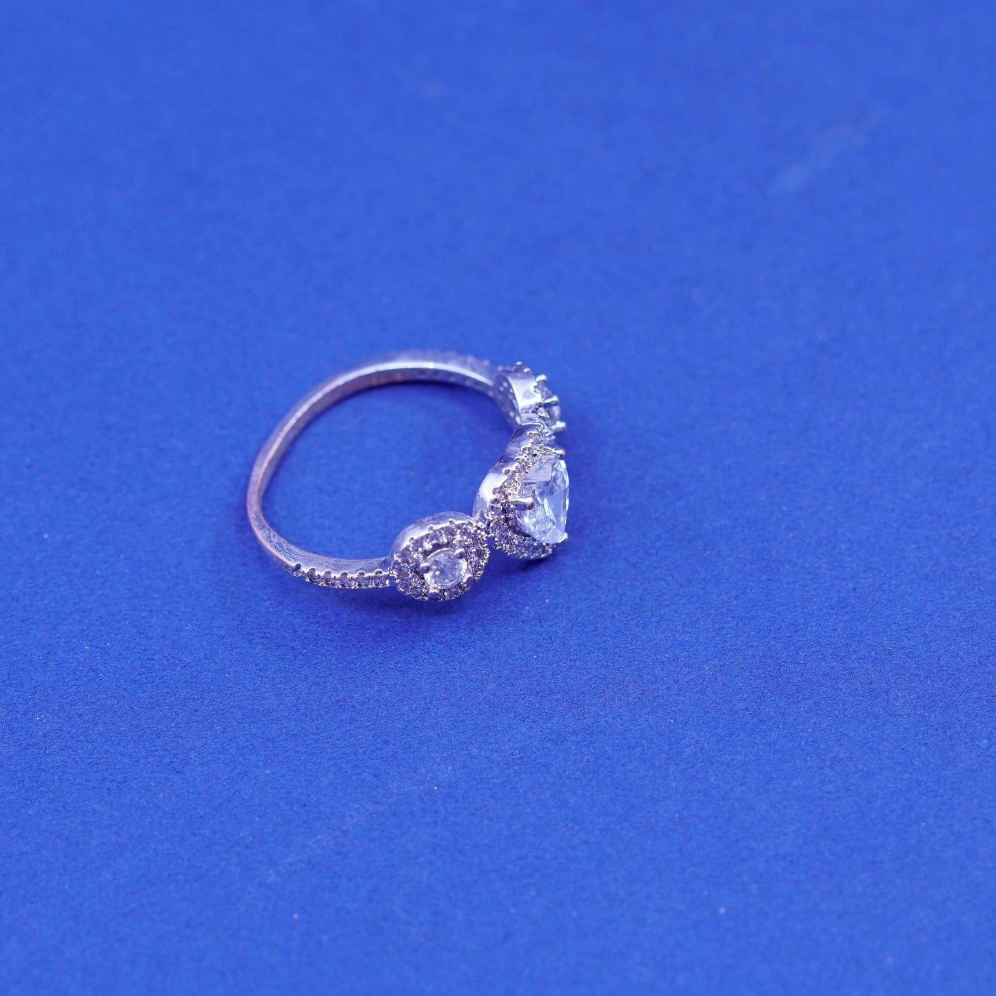 Size 8, vintage Sterling 925 silver engagement ring with heart and cluster Cz