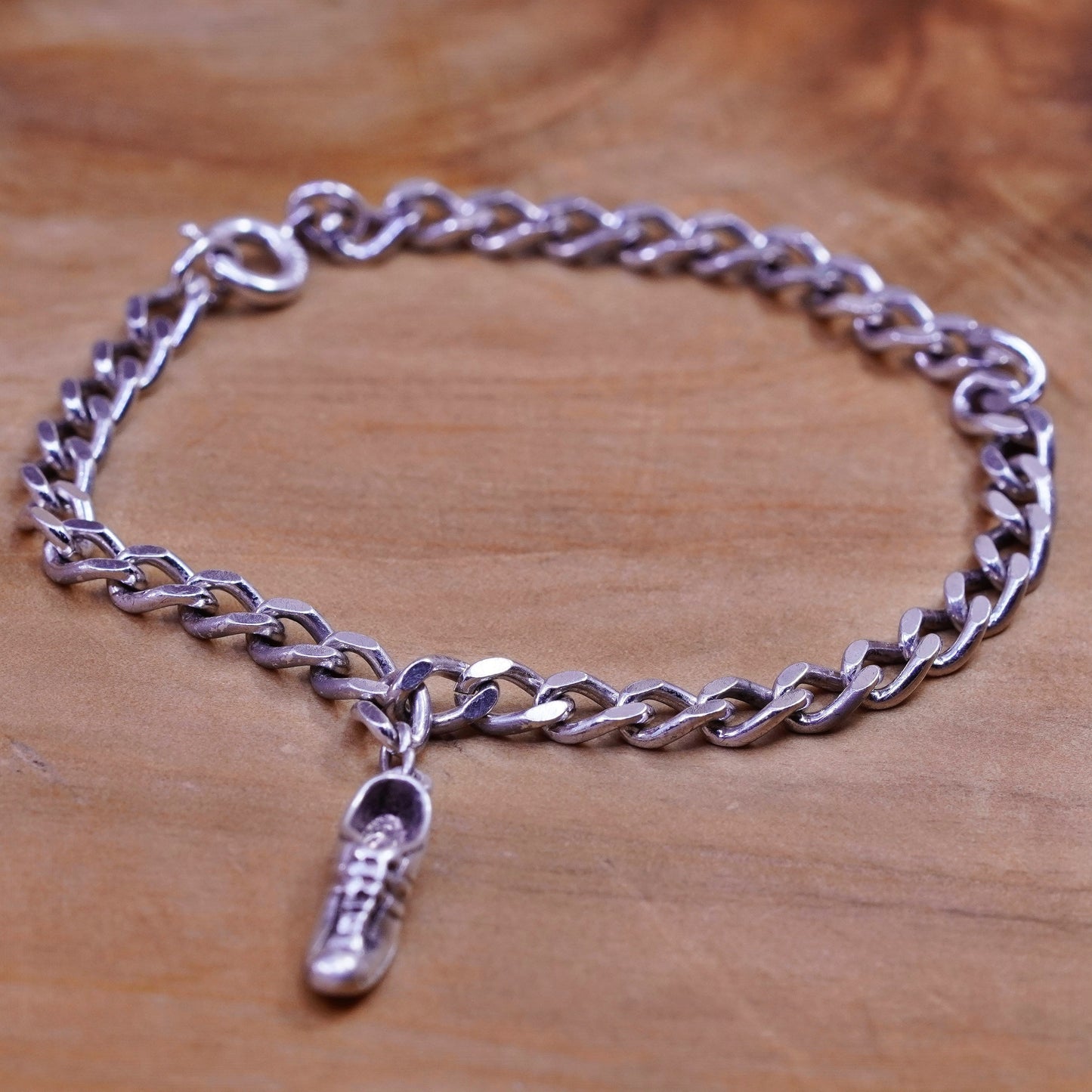 7”, vintage Sterling silver handmade double curb chain, 925 bracelet shoe charm
