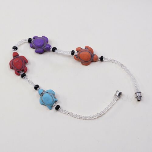 8.75”, Vtg Handmade Bead Bracelet, Clear Beads With Colorful Turtle