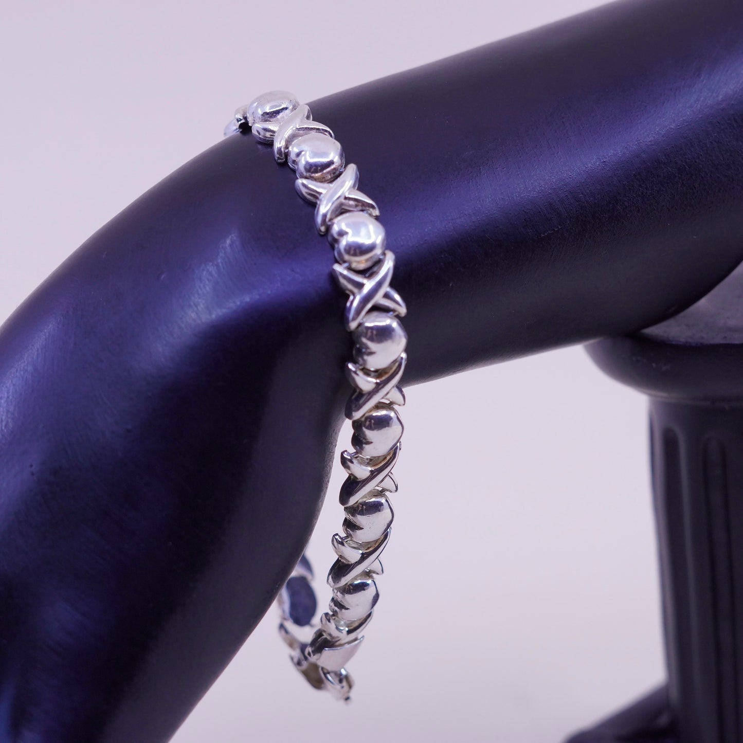 8”, Vintage sterling silver tennis bracelet, 925 heart XOXO link chain