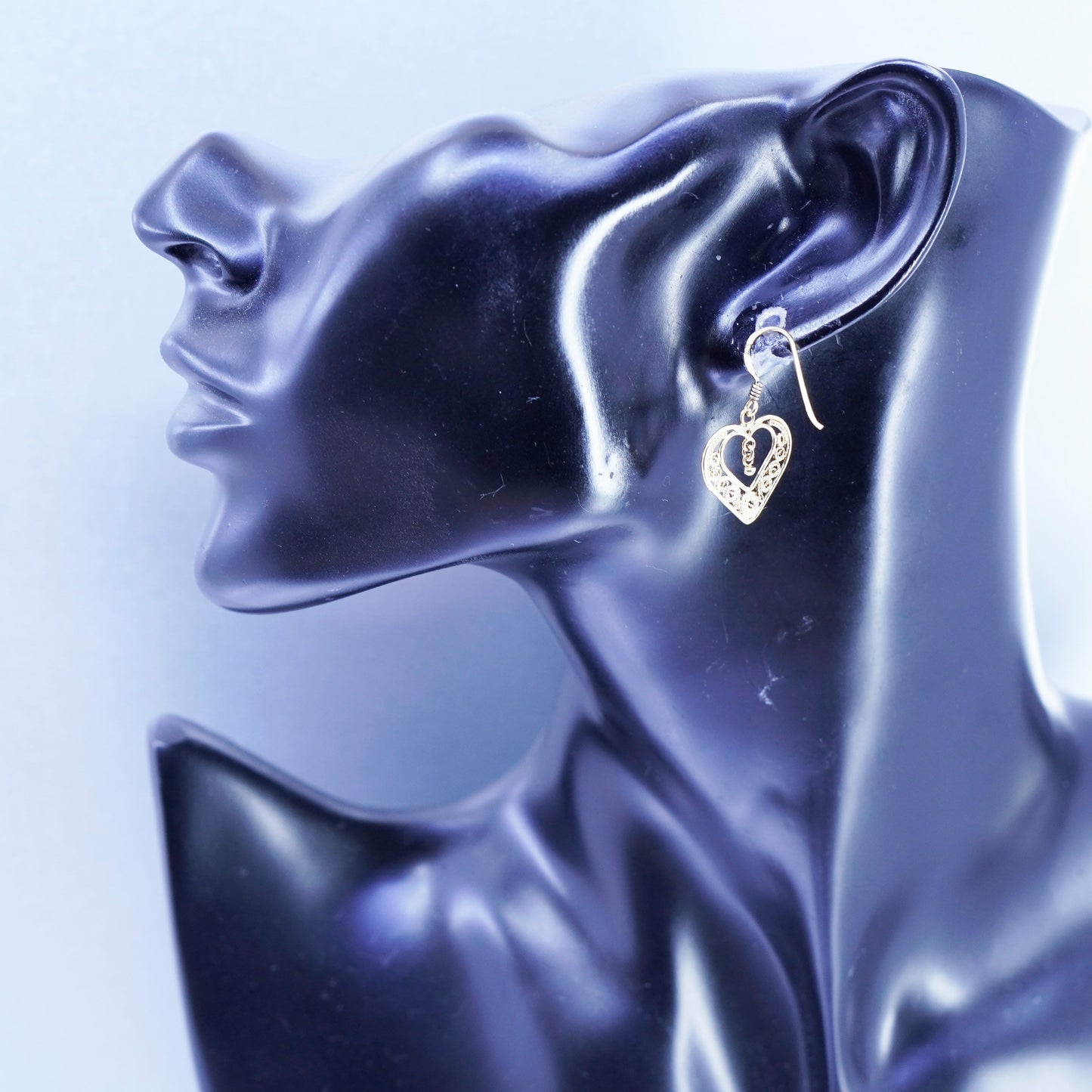 Vintage vermeil gold over Sterling 925 silver handmade filigree heart earrings
