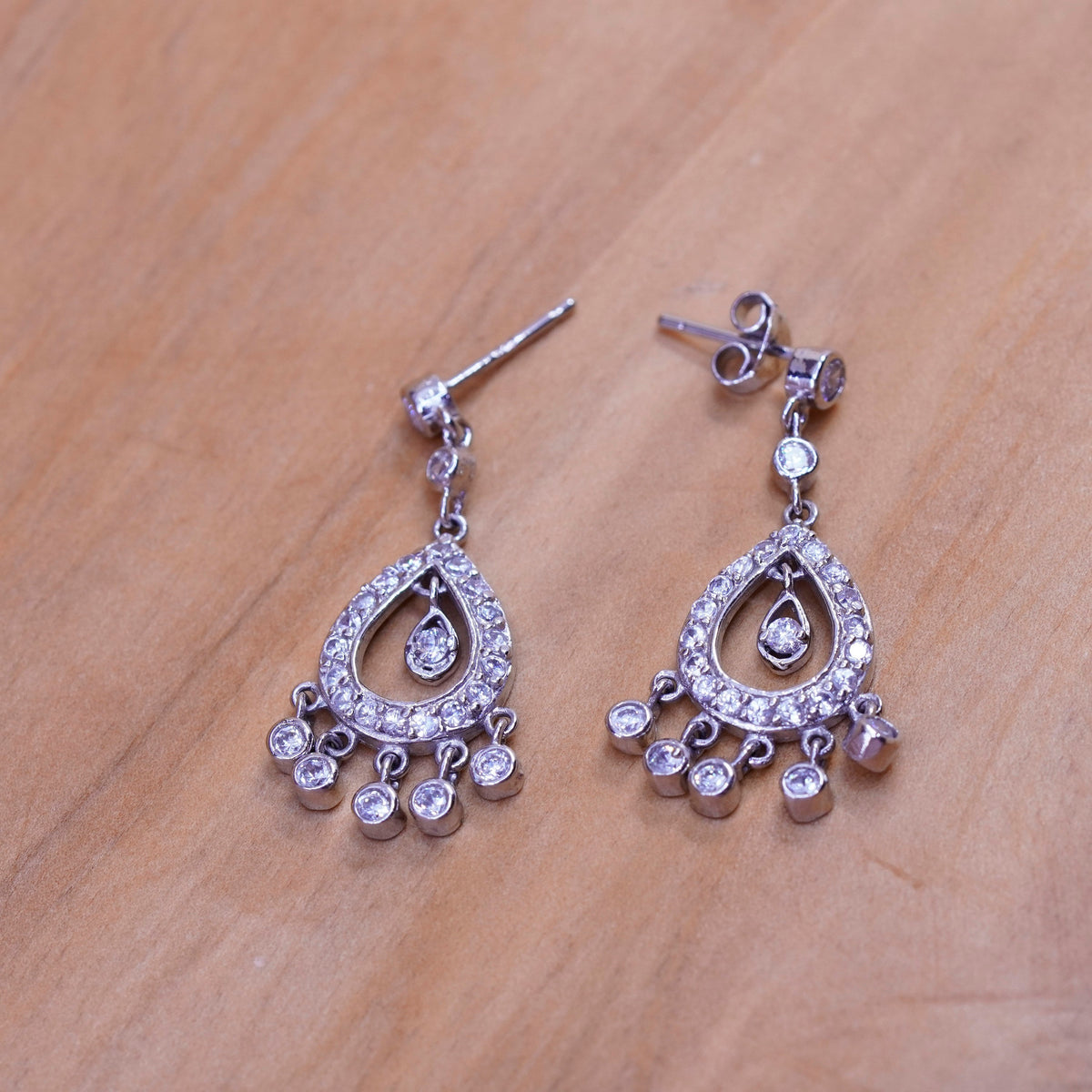 Vintage ATI Sterling silver earrings, 925 teardrops with cluster Cz Around