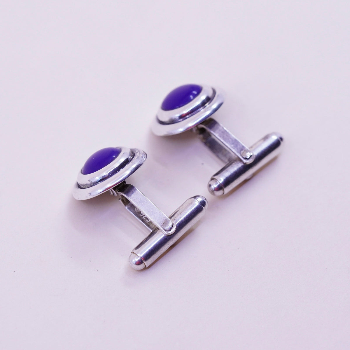 Vintage sterling silver handmade cuff link, 925 square cufflink with blue onyx